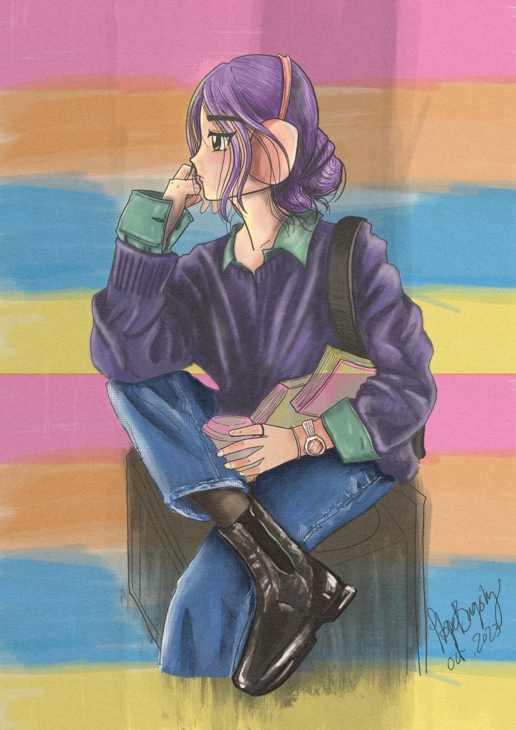 Illustration of Girl with books and headphone